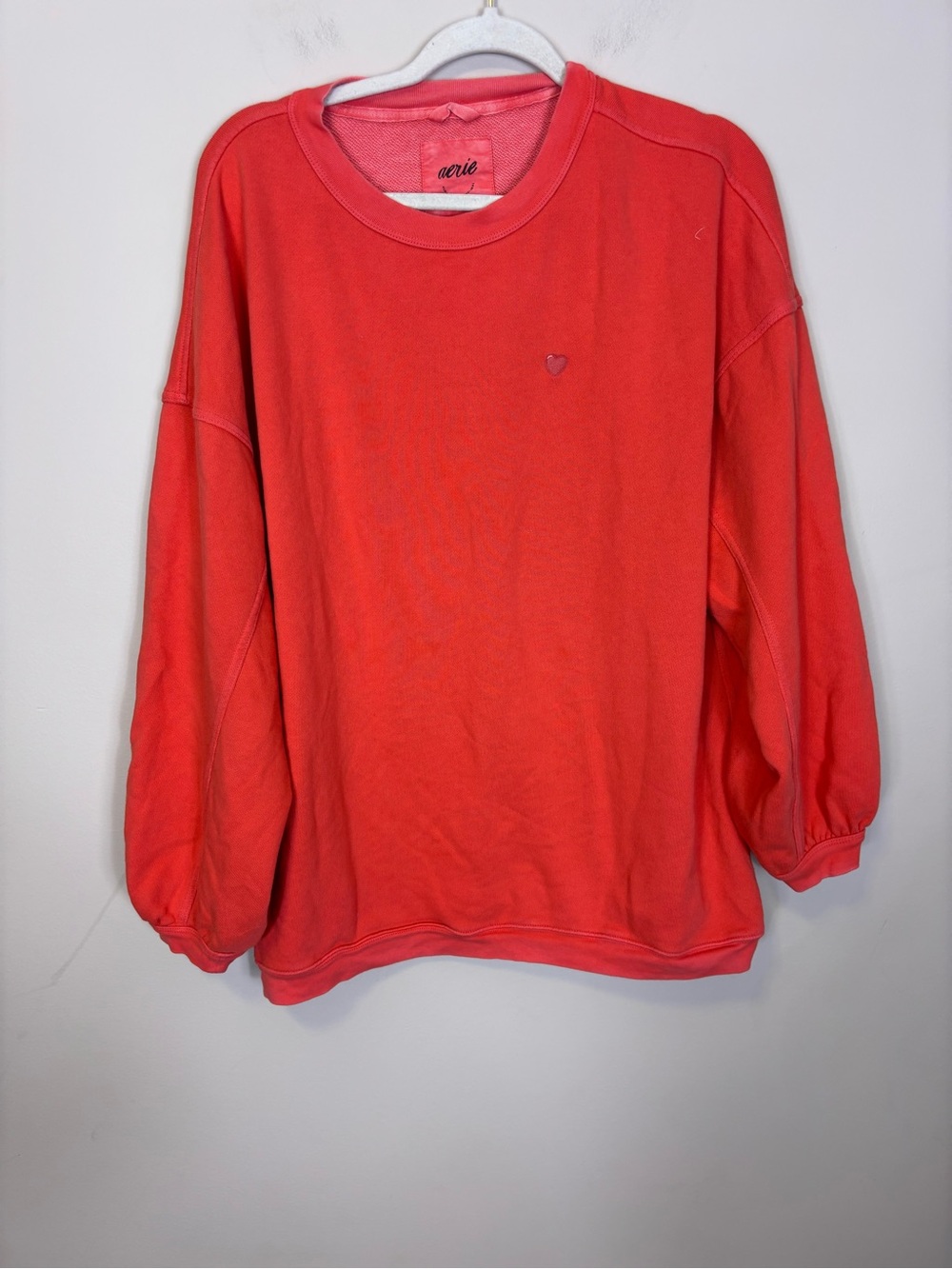 aerie Coral-Red Crewneck Sweatshirt with Heart Detail Logo Large